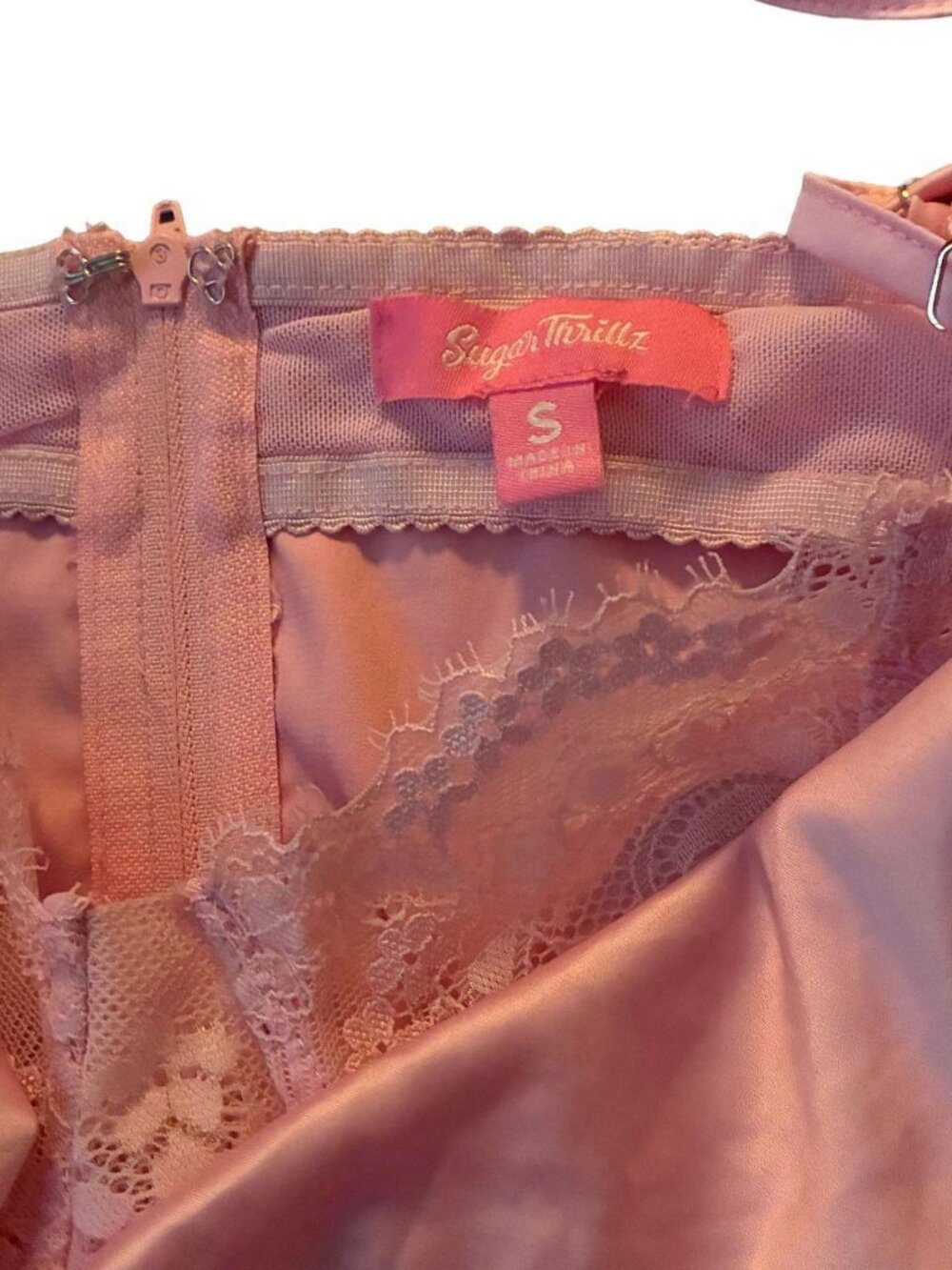 Sugar Thrillz Pink Satin Cami with Lace Bralette S